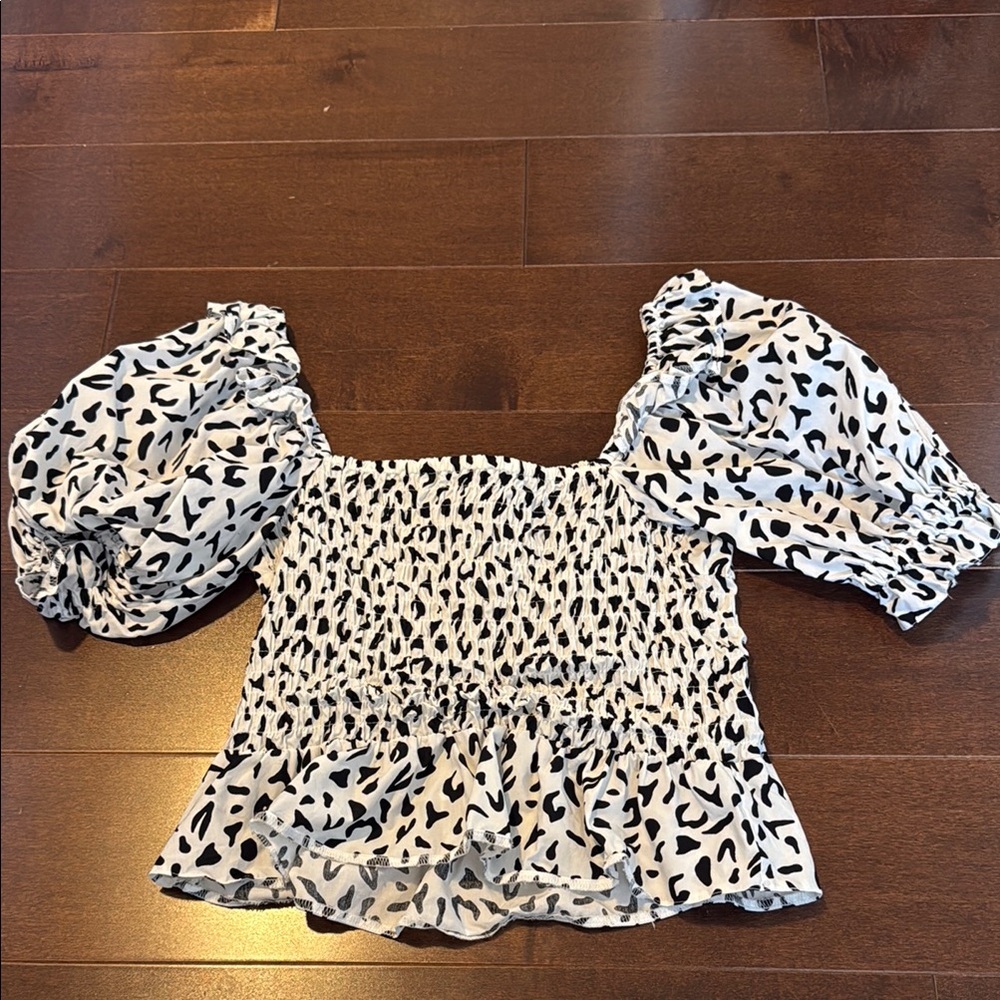 Topshop Black and White Smocked Ruffled Blouse